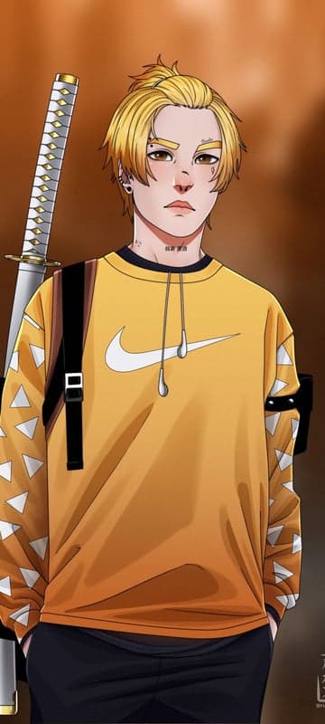 Anime character with sword and Nike hoodie