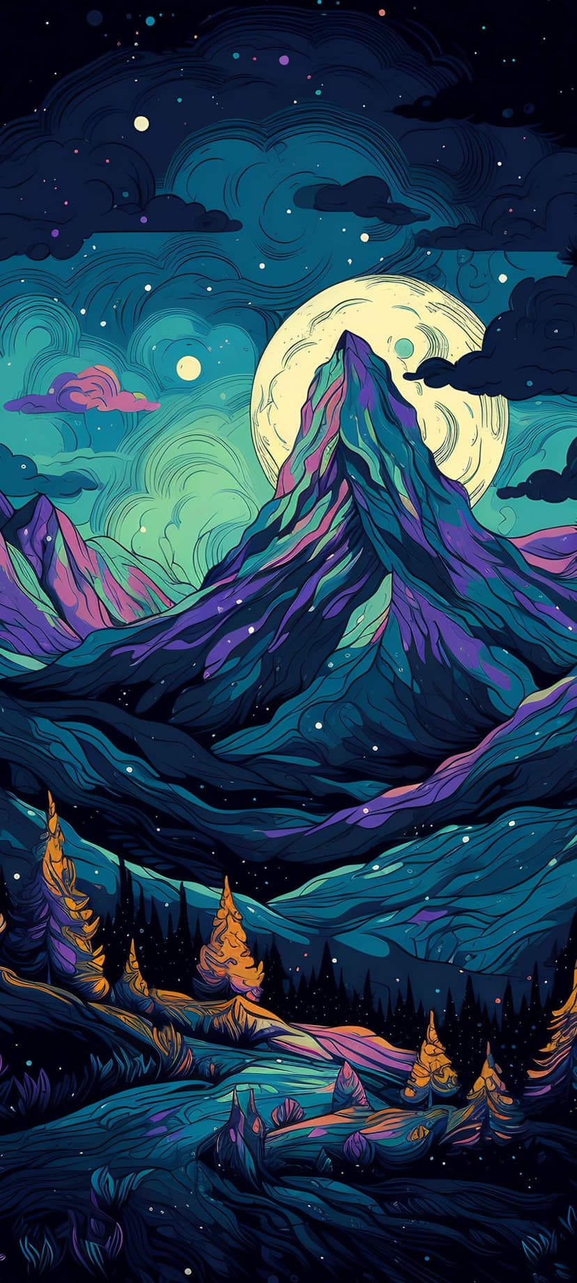 Giant moon rising behind a jagged purple mountain peak under a swirling starry sky with orange evergreen trees.