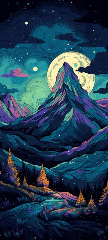 Vibrant Starry Night Landscape with Moonlit Mountains