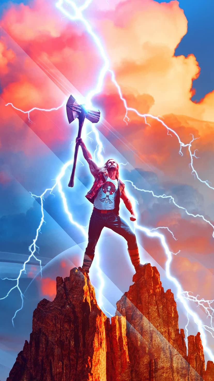 Thor holds a glowing axe aloft on a dark mountain peak while bolts of blue lightning fill a colorful sky.