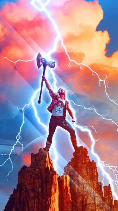 Lord of Thunder- Thor Wielding Stormbreaker Amidst a Lightning-Storm Sky
