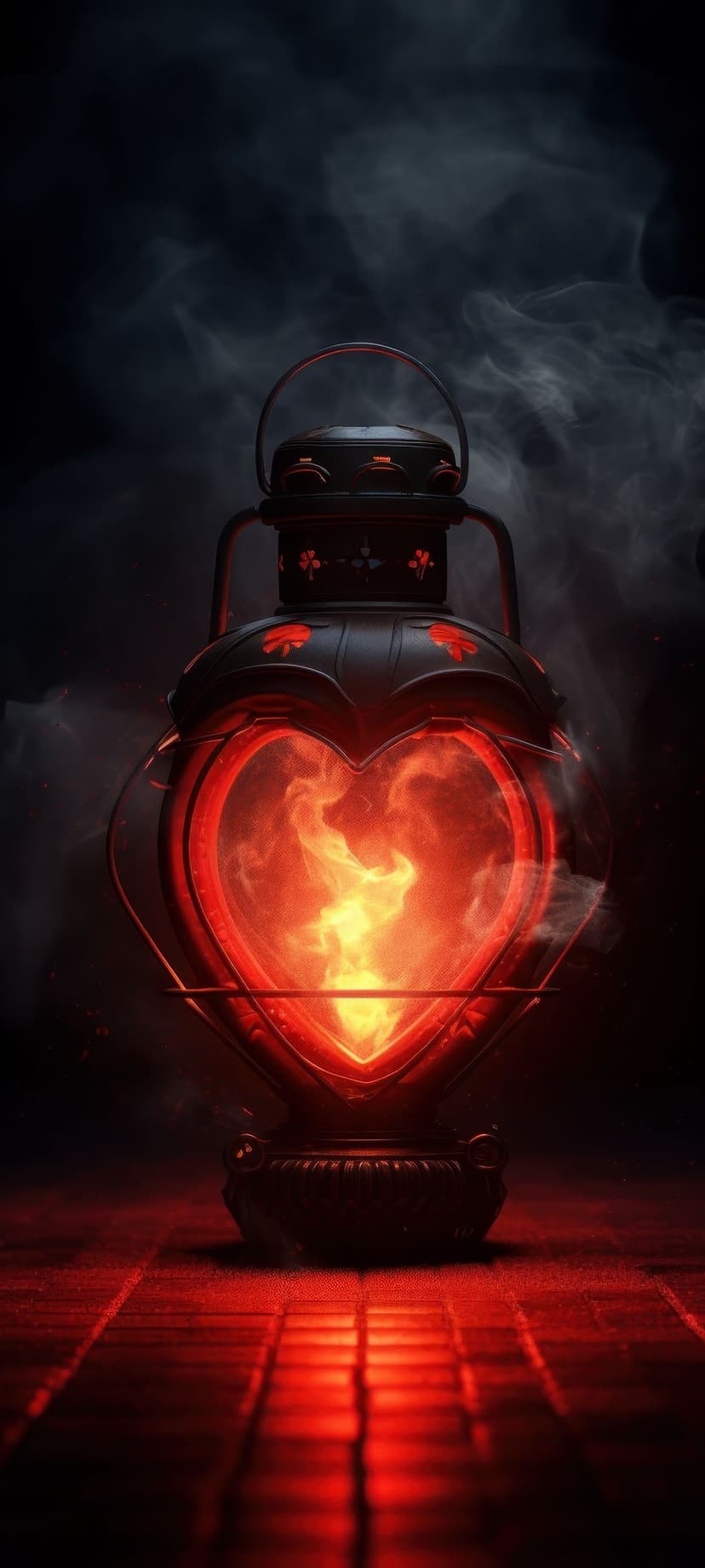 Heart-shaped lantern glowing with intense red fire and surrounded by thin wisps of smoke on a dark surface.