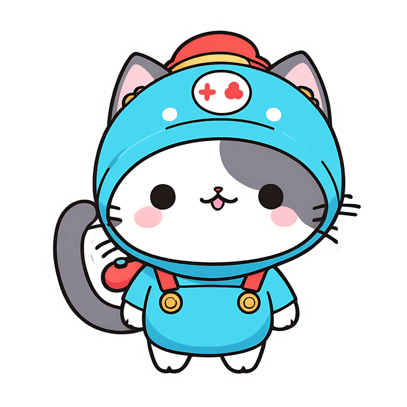 Light blue cat sticker wearing a medical uniform and red cap with a heart symbol and cross on its head.
