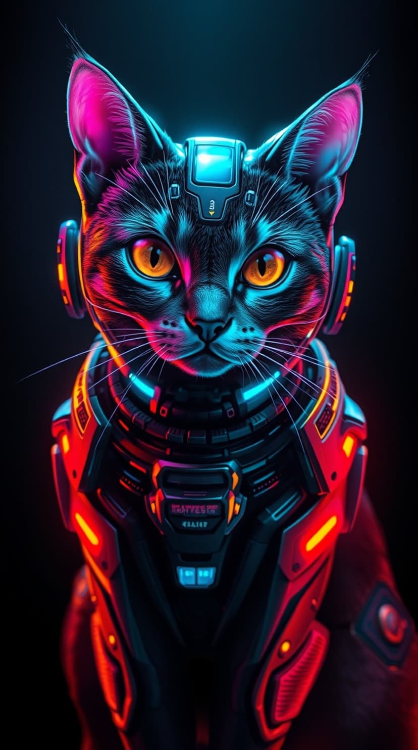 Black cat in glowing blue mechanical armor stares forward with fiery orange eyes against a pitch-black backdrop.