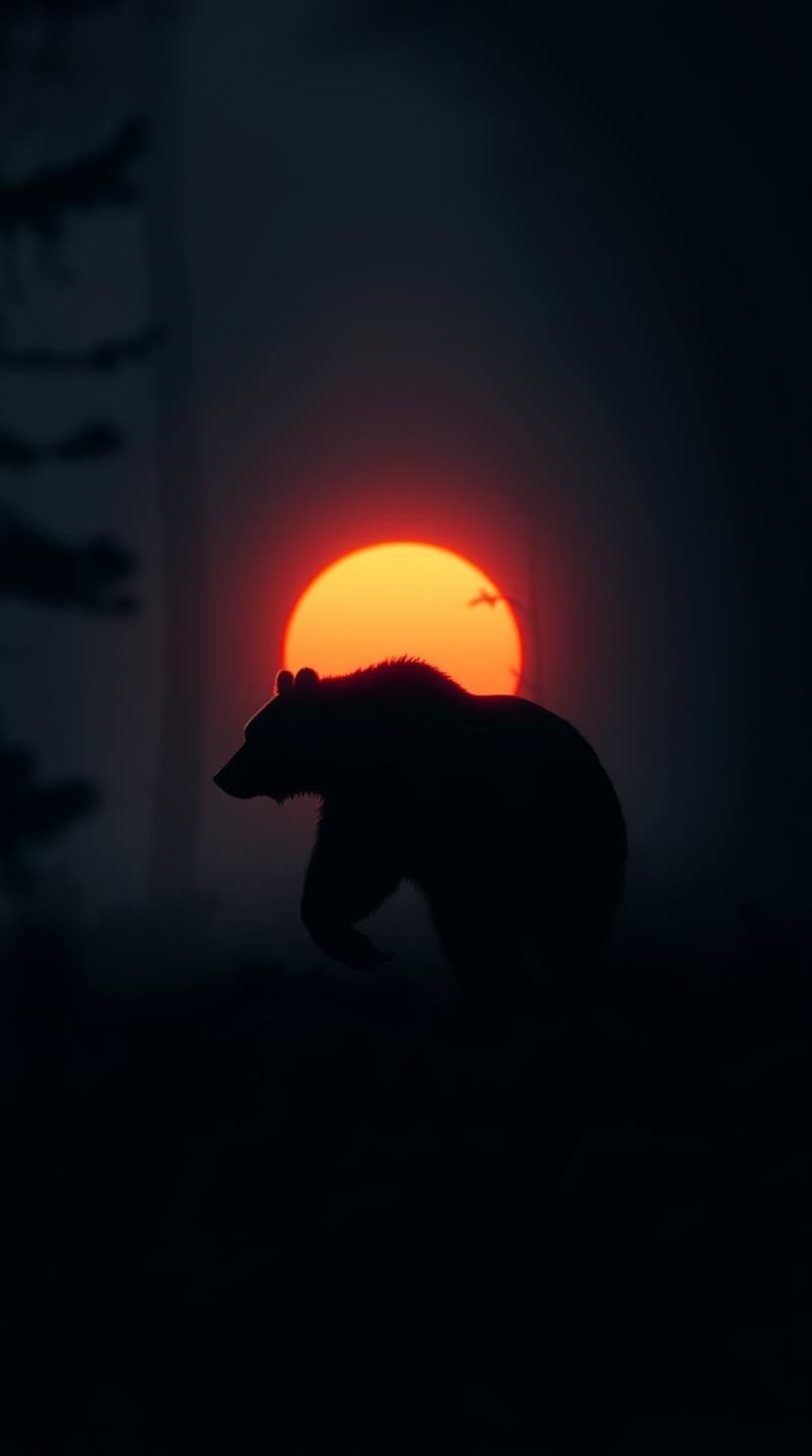 Grizzly bear silhouette walking across a dark foreground against a fiery orange and yellow sunset sky.
