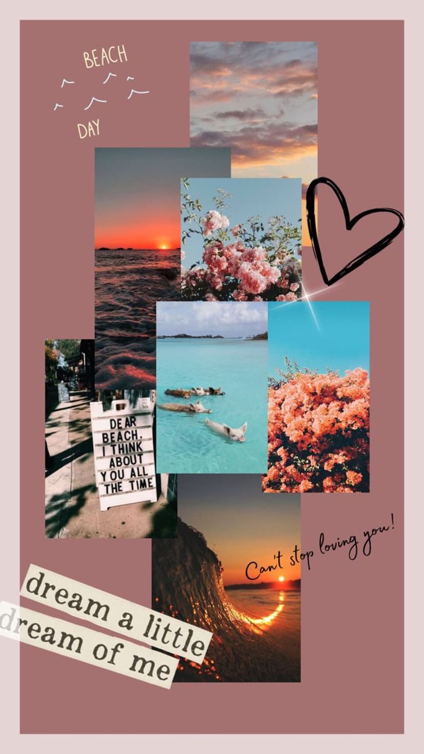 Pink flowers, a sunset ocean, and swimming pigs arranged in a summer aesthetic mood board with handwritten notes.