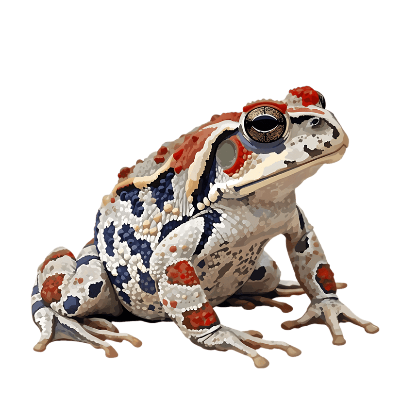Harlequin toad showing red and blue skin patterns against a black background with detailed golden eyes.