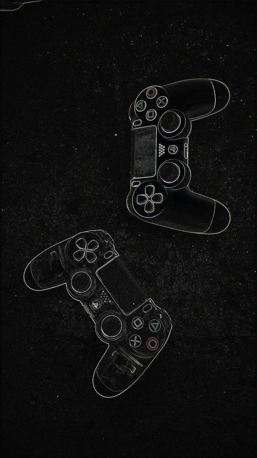 Two game controllers with glowing cyan and white outlines resting on a dark, gritty textured surface.