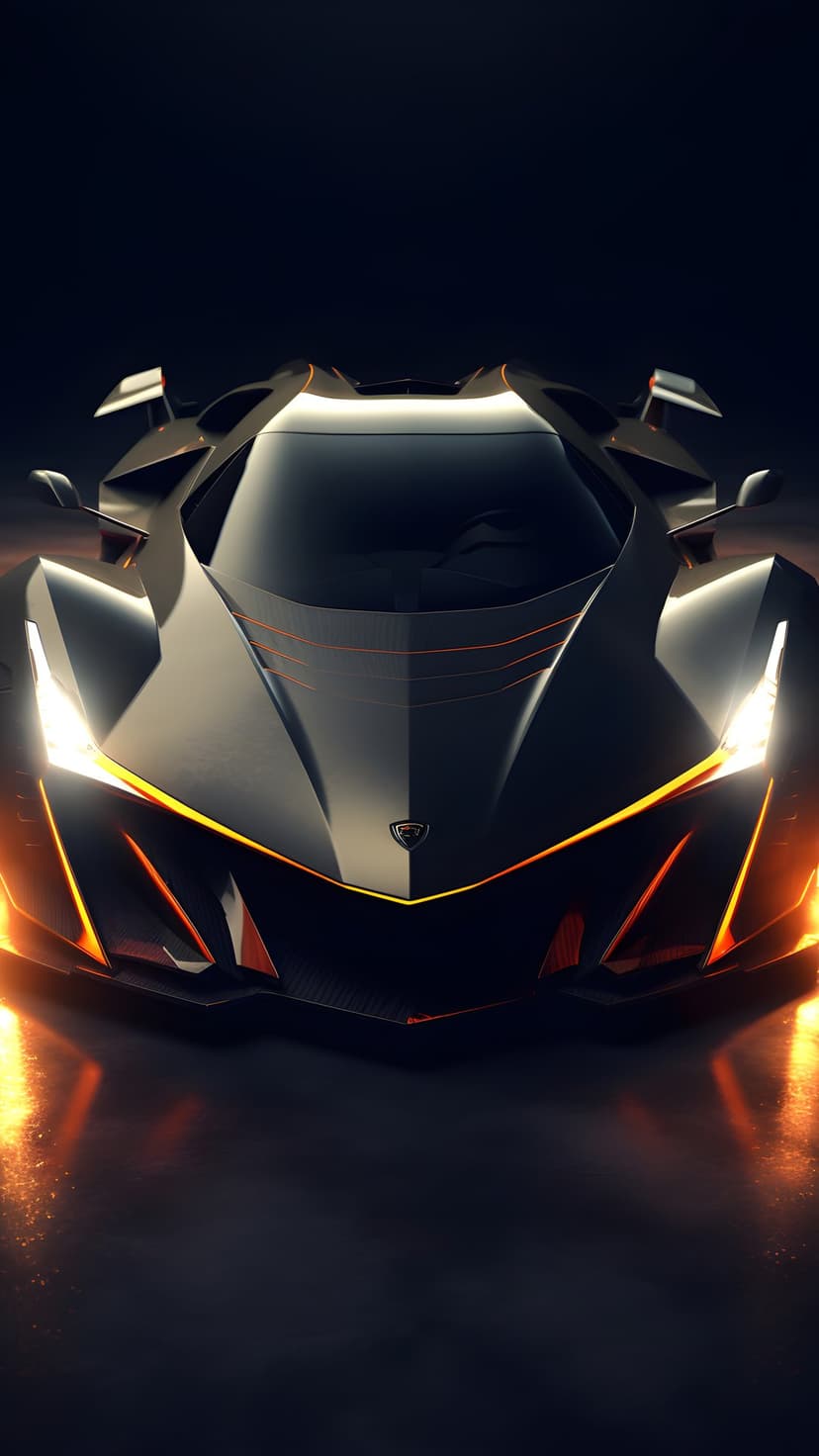 Black futuristic sports car with glowing orange accents and bright LED headlights against a dark background.