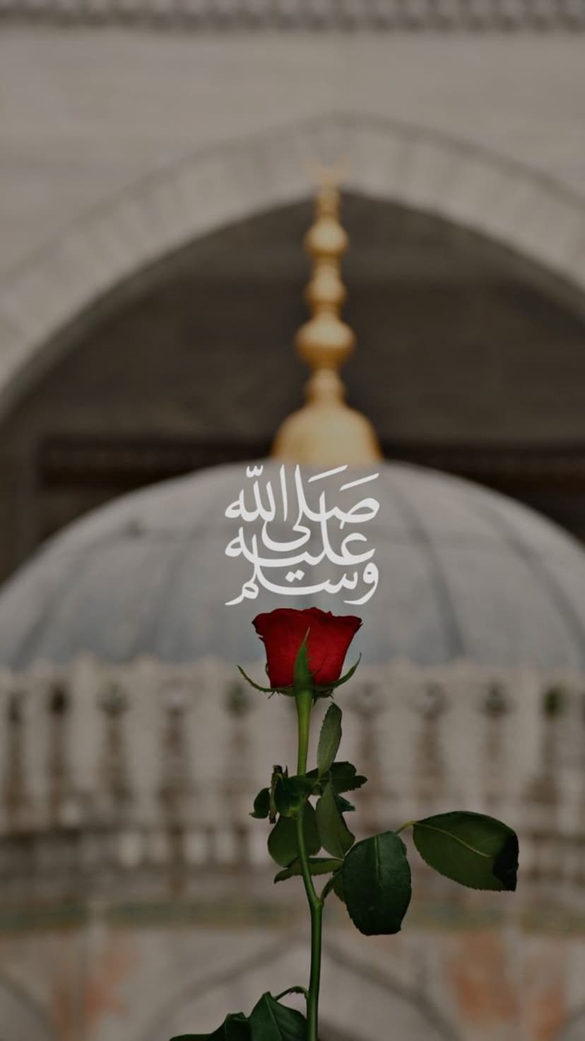 Red rose with green leaves positioned under white Arabic calligraphy against a blurred mosque dome and golden spire.