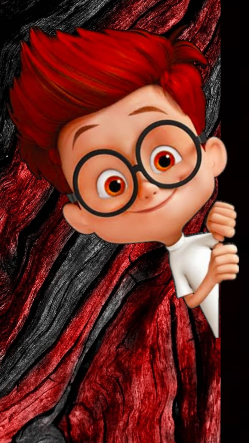 Red-haired boy with glasses and orange eyes peeks from behind a dark red and black textured wood surface.