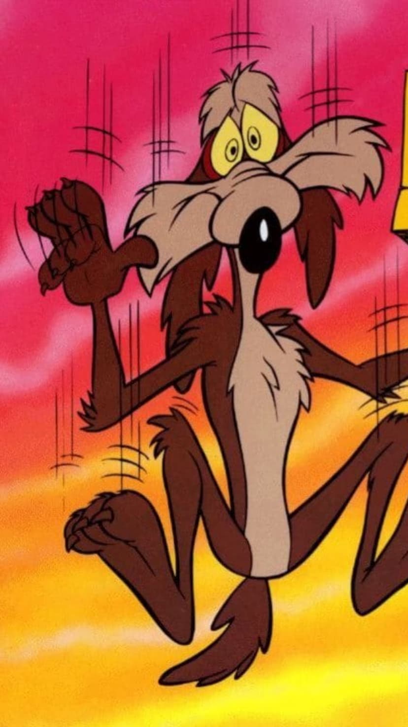 Wile E. Coyote with wide eyes and flailing limbs falls against a bright red and yellow streaked background.