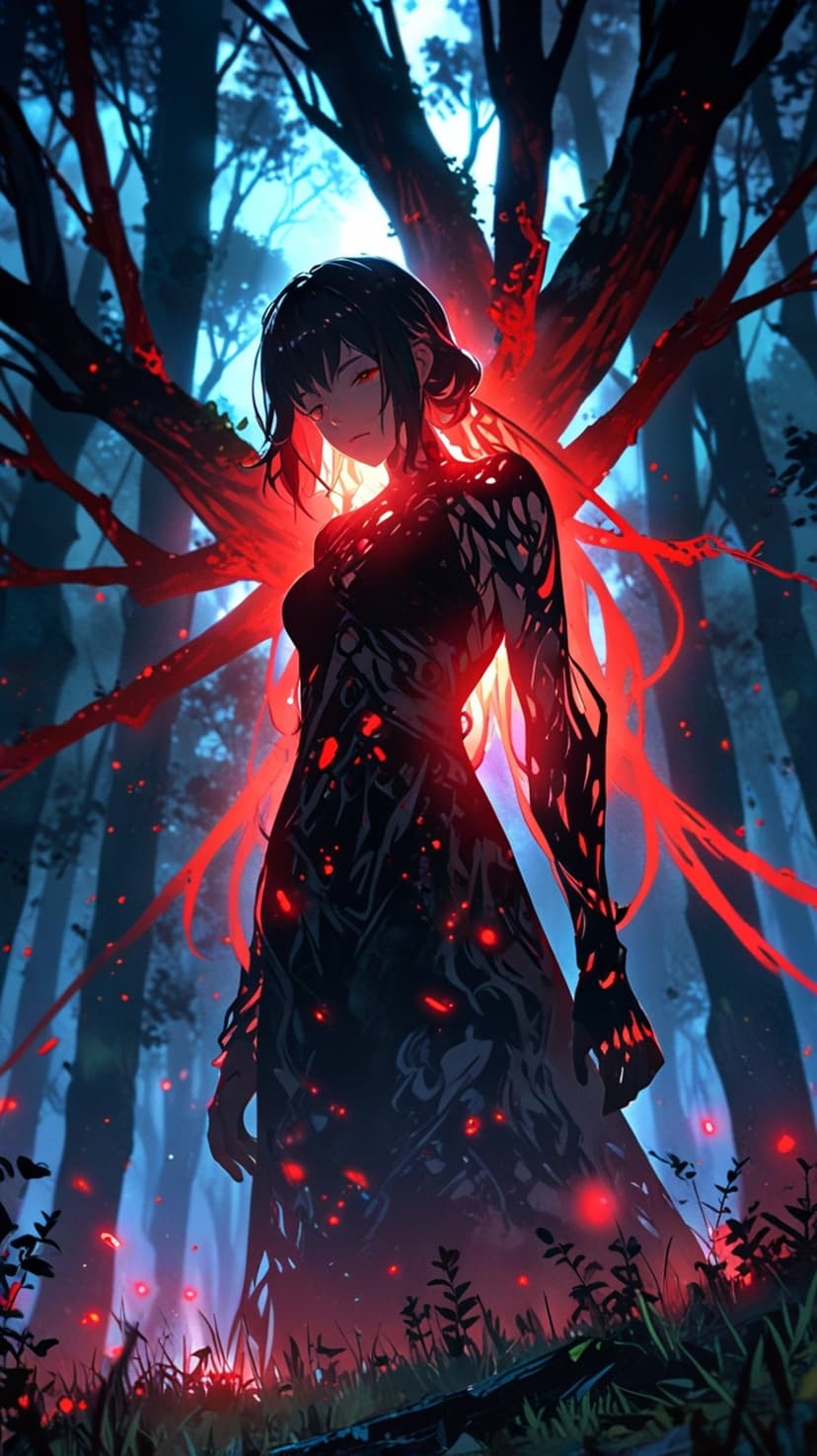 Woman with glowing red eyes and fiery tendrils stands in a dark forest filled with floating crimson orbs.