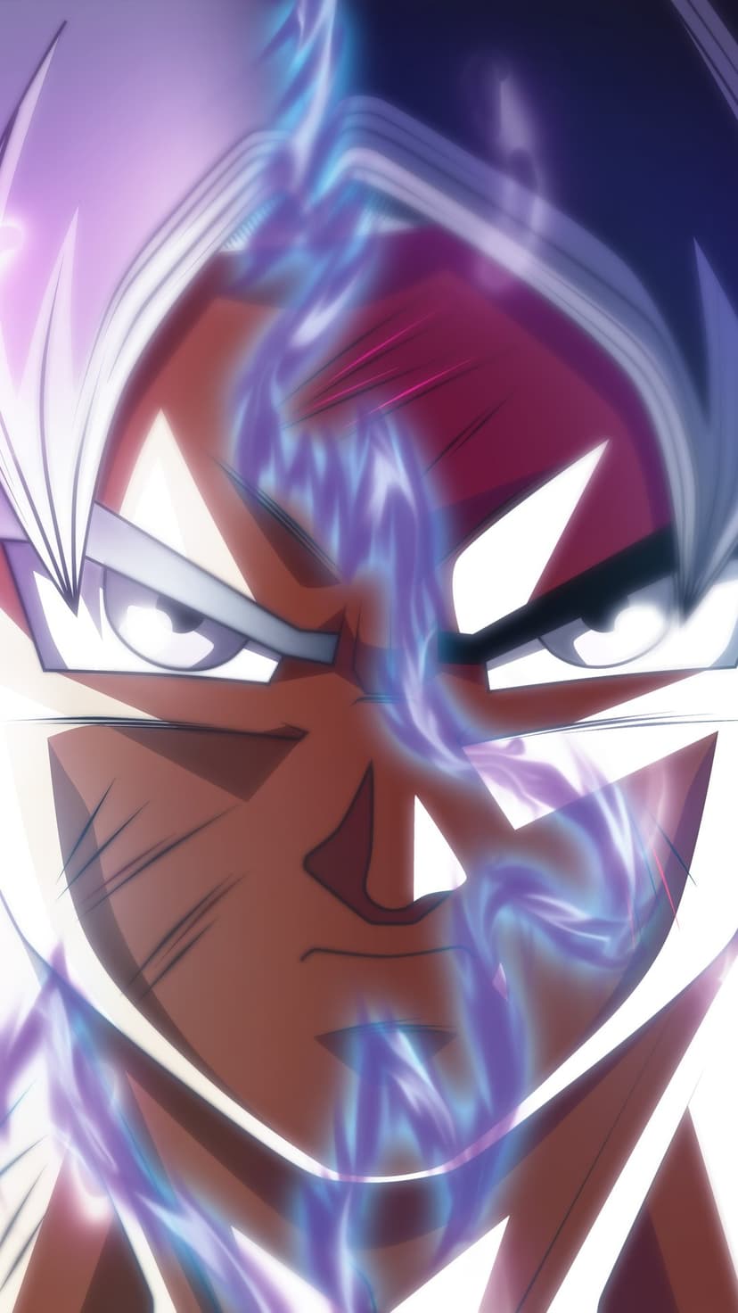 Goku stares forward with a split face showing silver and dark hair amidst a swirling purple and blue aura.