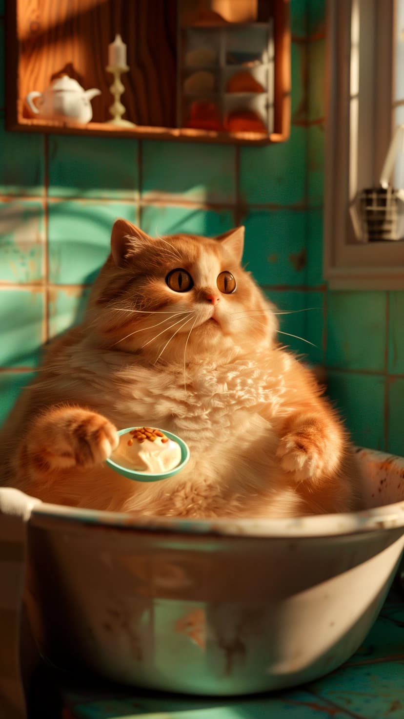 Fluffy orange and white cat sits in a porcelain tub holding an ice cream bowl with sprinkles in a teal kitchen.
