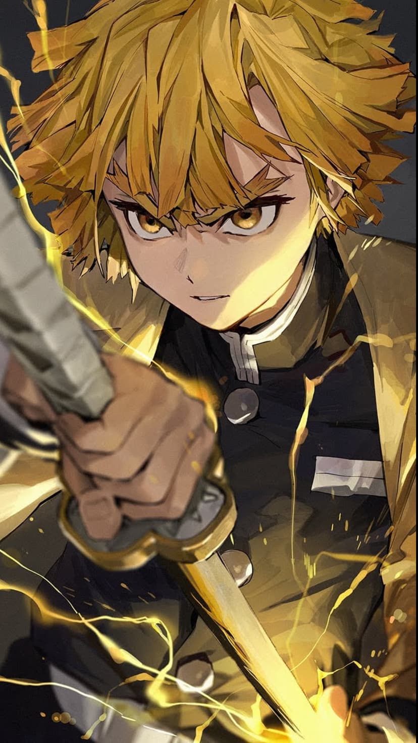 Zenitsu Agatsuma grips a katana hilt while surrounded by crackling yellow electricity and glowing golden sparks.