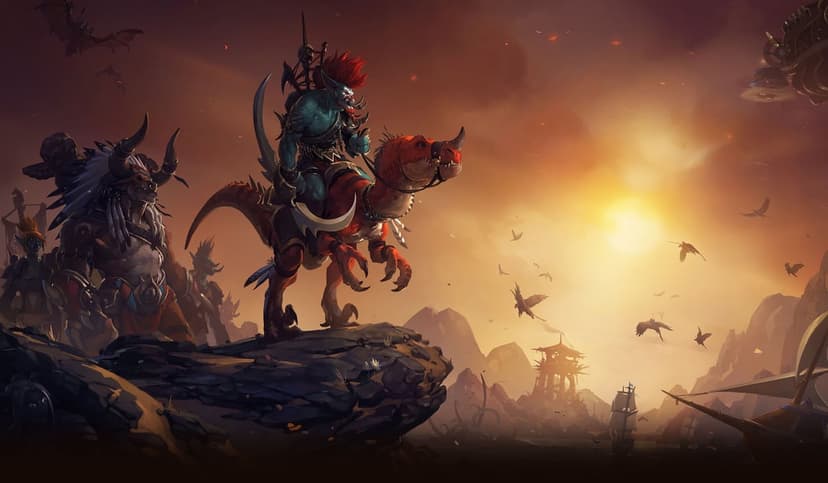 Blue troll riding a red raptor beside a Tauren warrior on a rocky cliff overlooking a sunset harbor landscape.