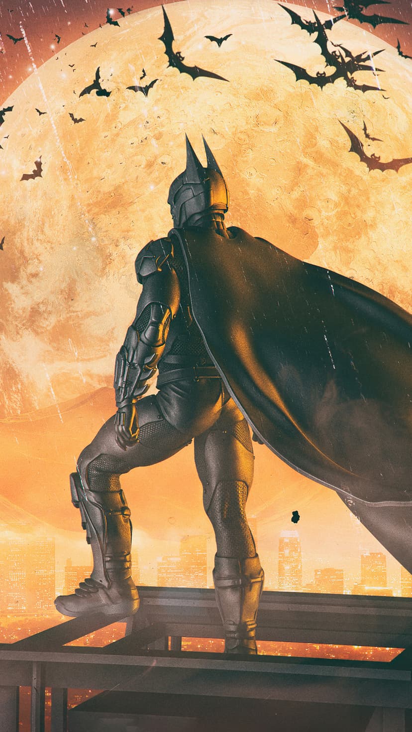 Batman stands on a dark rooftop facing a massive orange moon and flying bats over the Gotham City skyline.