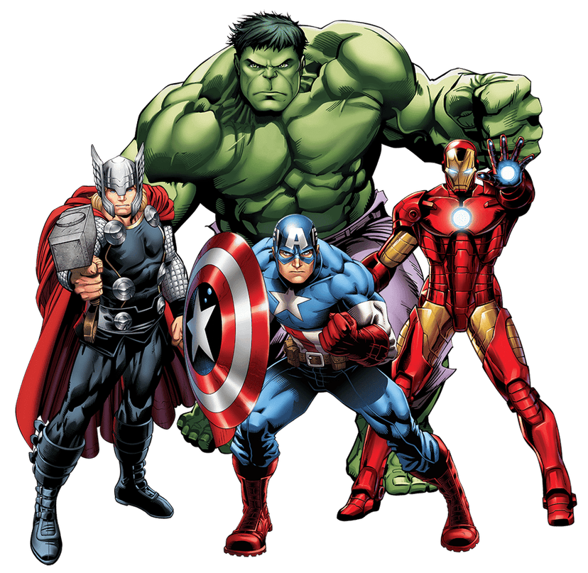Avengers superheroes including Iron Man, Thor, Hulk, and Captain America standing in dynamic heroic action poses.