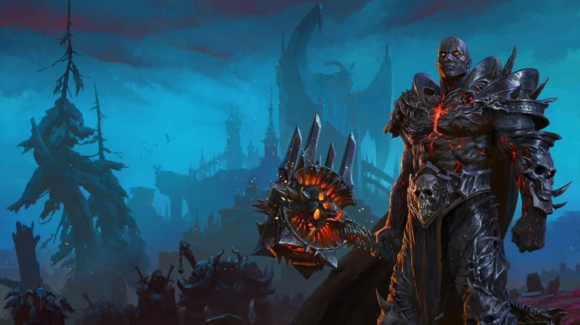 Muscular dark warrior with glowing orange cracks holds a spiked mace before a blue citadel and armored army.
