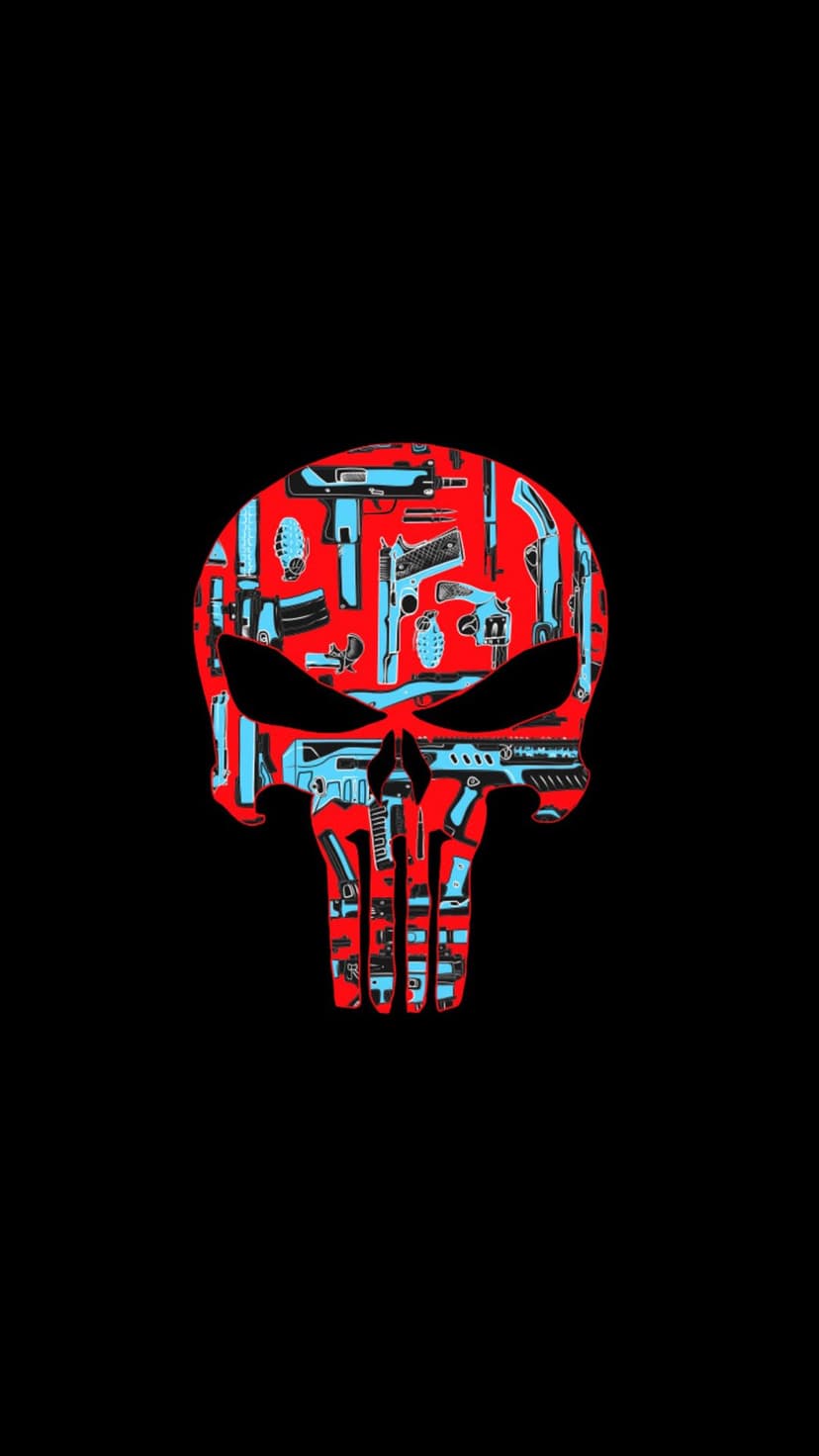 Punisher skull outline created from pistols, rifles, and grenades in glowing red and cyan on a black background.