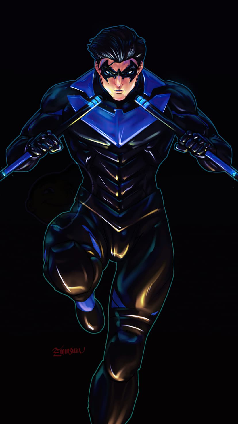 Nightwing stands in a combat stance holding glowing eskrima sticks while wearing a blue and black tactical suit.