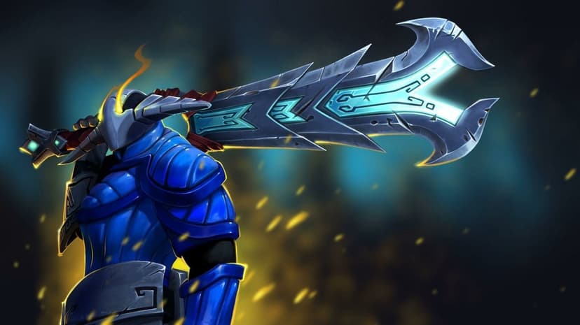 Armored knight in blue plate holding a massive glowing runic greatsword over his shoulder with golden sparks.