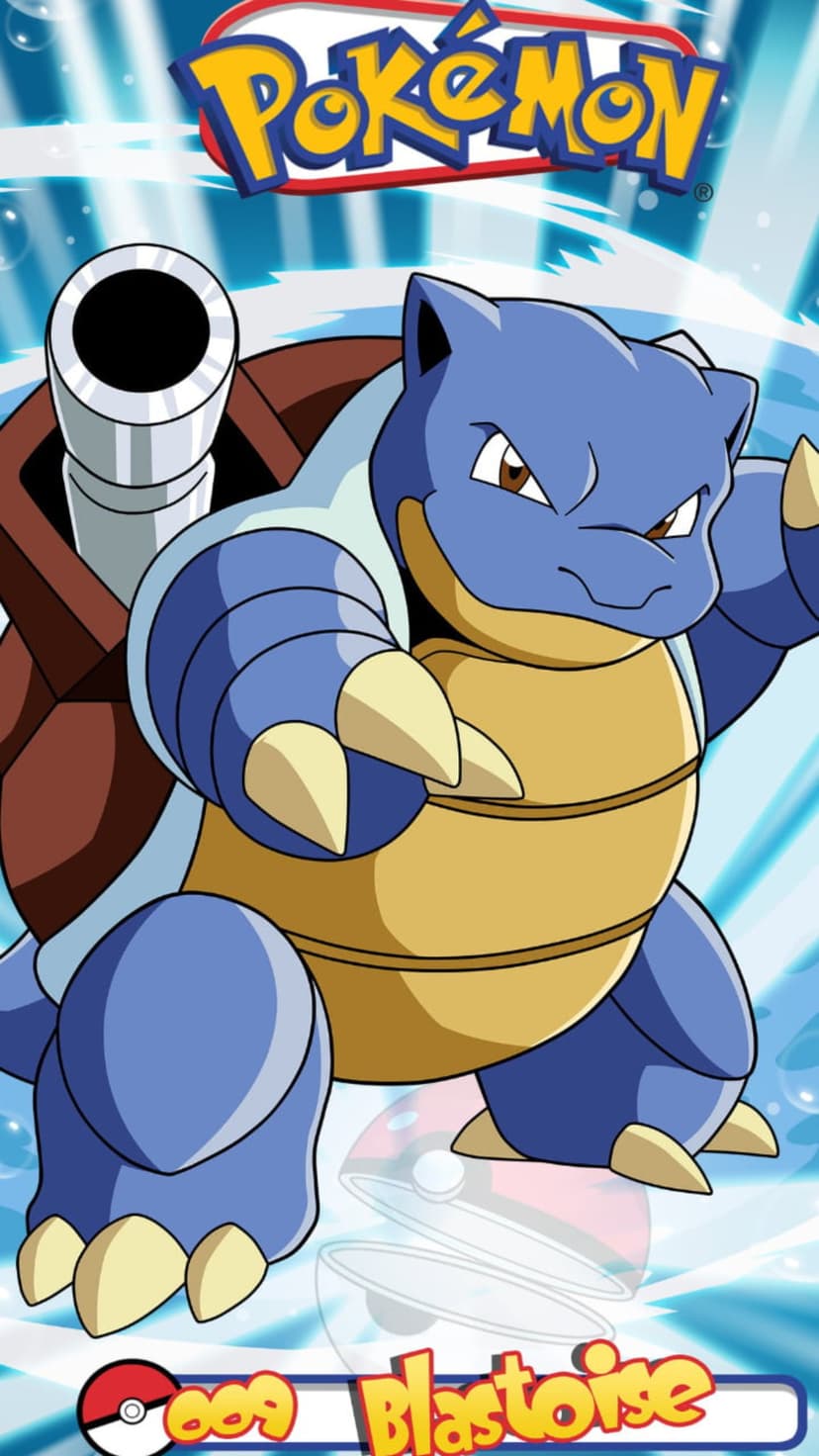 Blastoise emerges from splashing blue waves with metal cannons extended from its thick brown turtle-like shell.