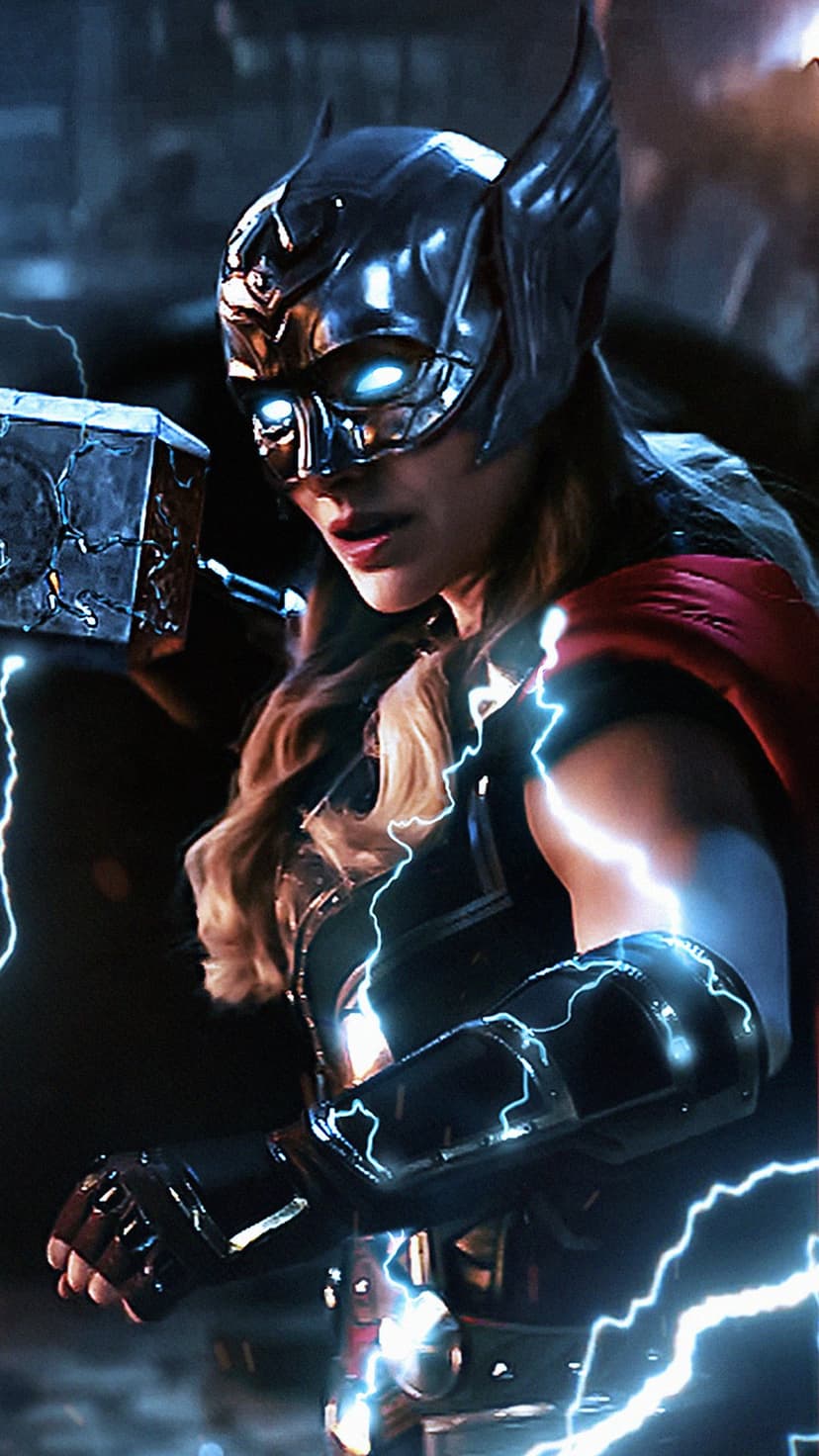 Jane Foster as Thor wearing a winged helmet and silver armor while holding a glowing, electrified hammer.