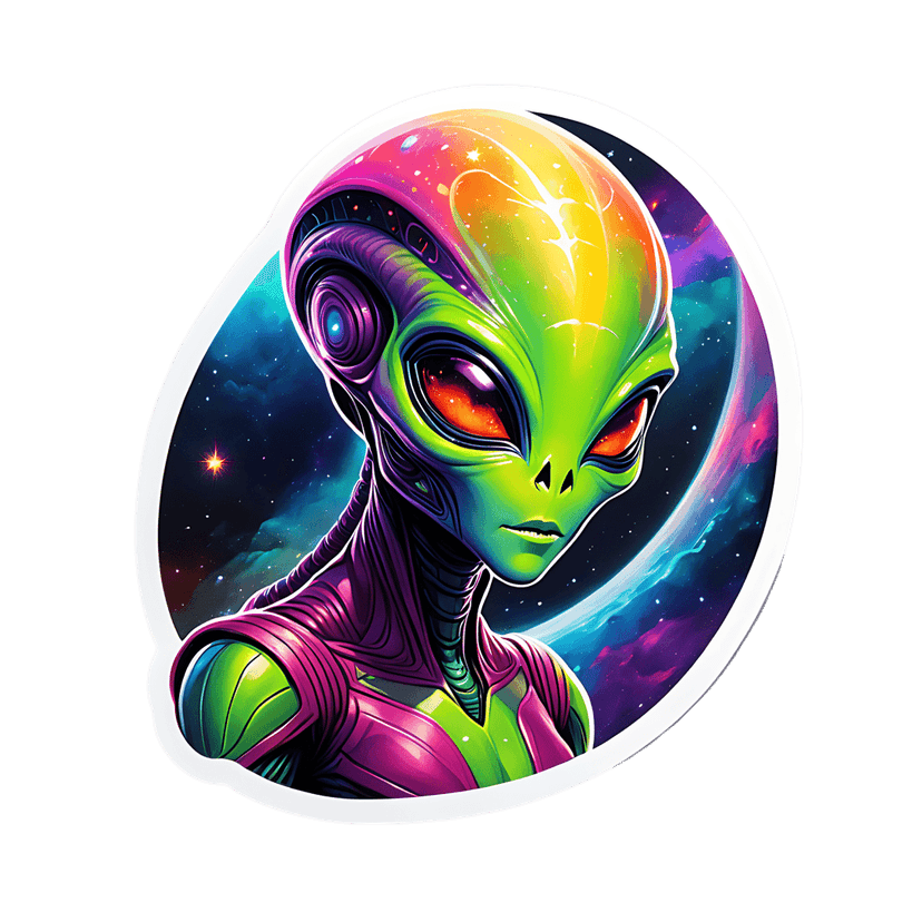 Alien creature sticker with green skin and red eyes features purple cybernetic parts over a nebula background.