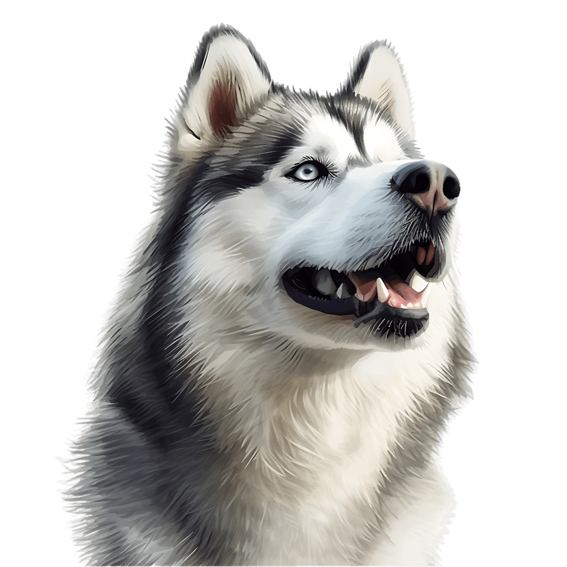 Siberian Husky portrait with blue eyes shows a front-facing dog with a pink tongue on a black background.