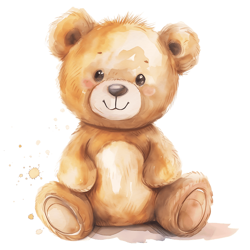 Teddy bear watercolor painting with brown fur and pink cheeks featuring artistic paint splashes and splatters.