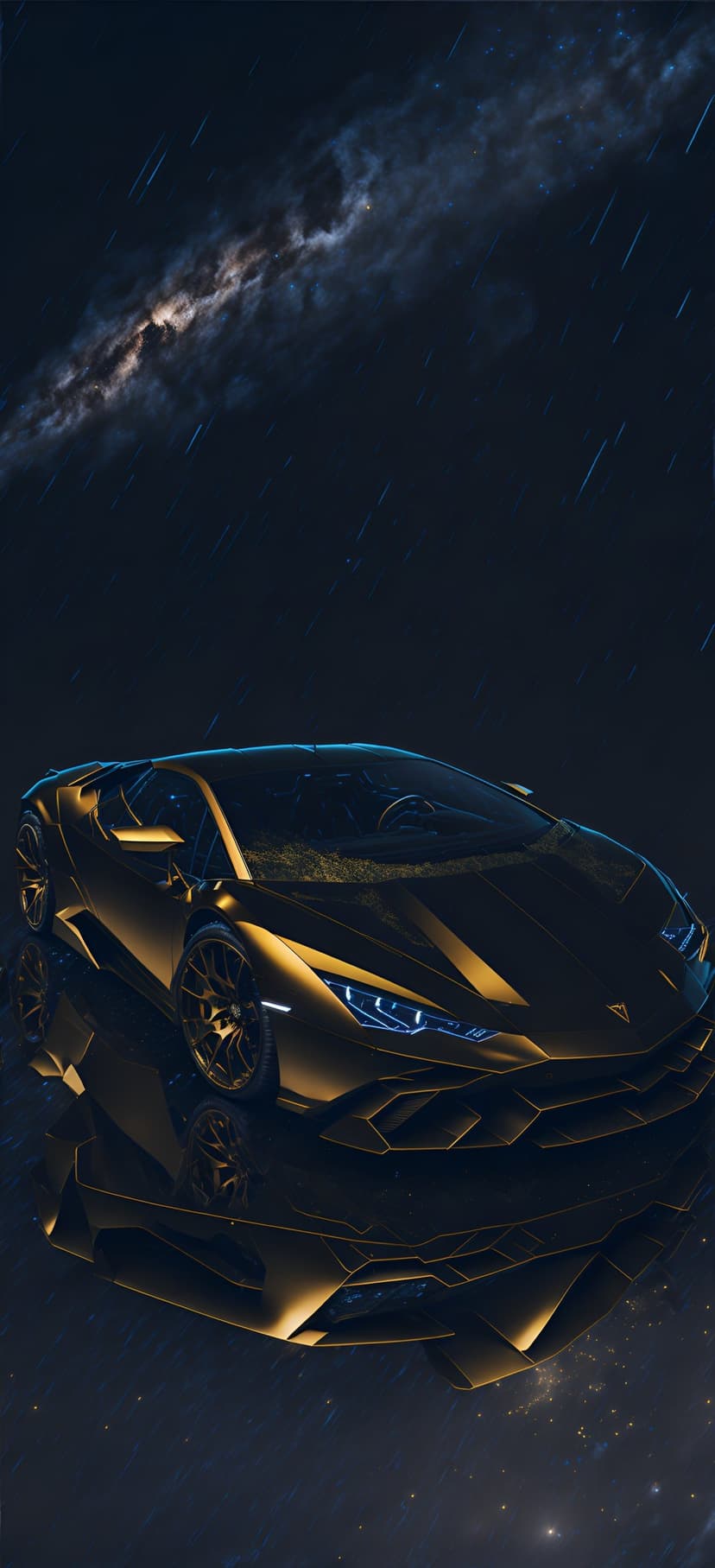 Gold Lamborghini supercar with blue headlights parked under a purple nebula and starry night sky.