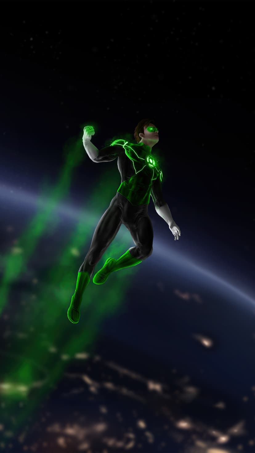 Hal Jordan Green Lantern flies above Earth with a glowing green energy streak across a star-filled space backdrop.