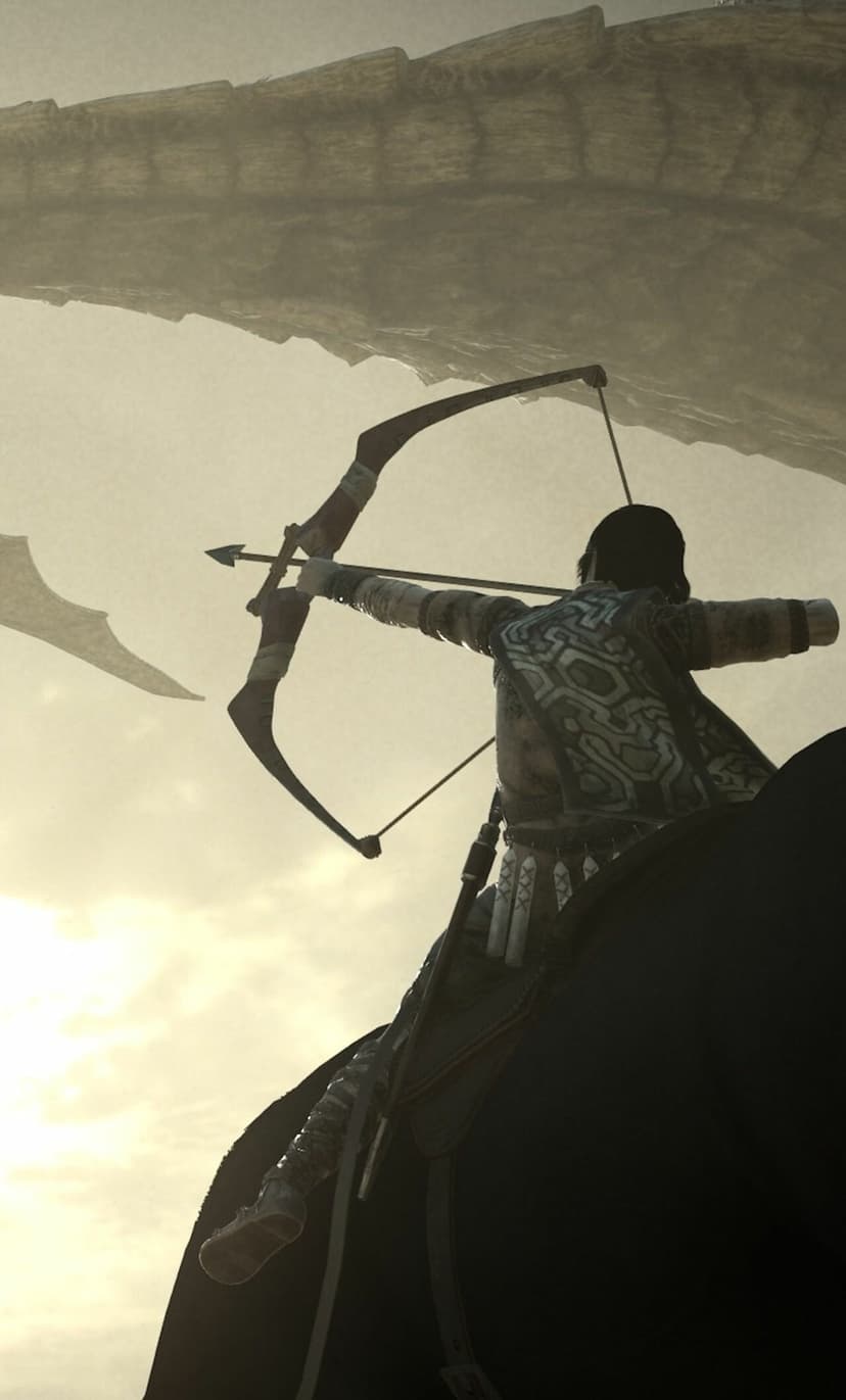 Archer on horseback aims a bow upward at a giant wing under a hazy, golden sky in a cinematic scene.