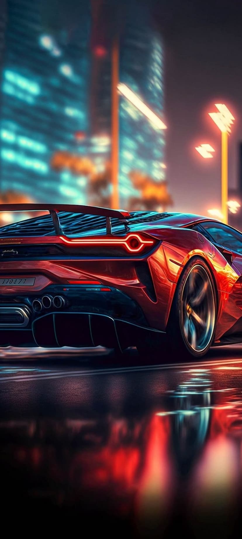 Red sports car with glowing taillights driving on a wet city street between neon-lit futuristic skyscrapers.