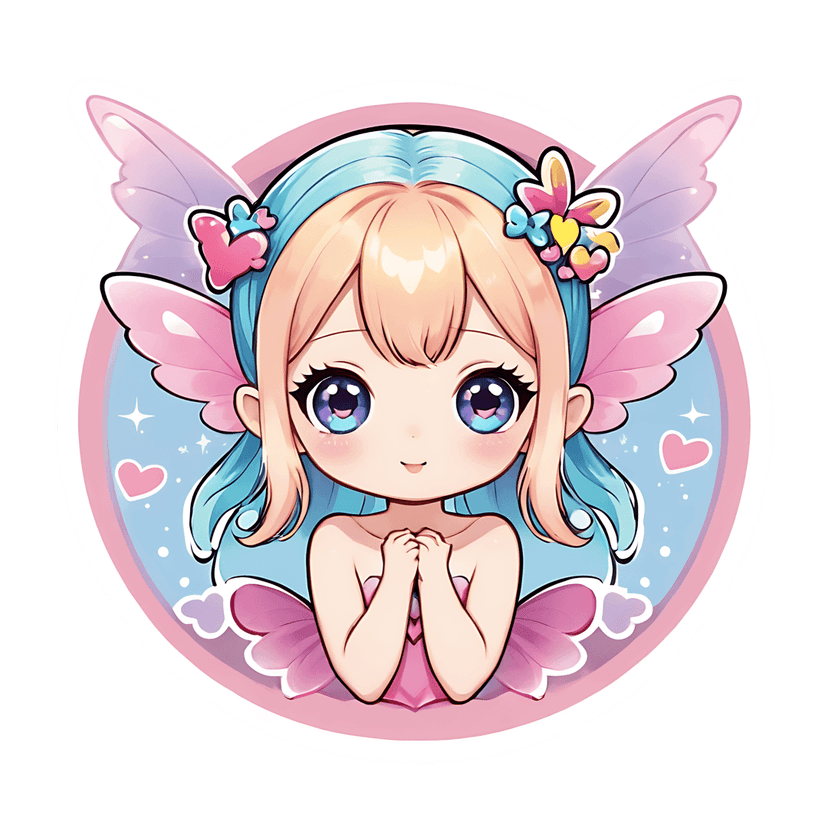 Chibi angel sticker with pink wings blonde blue hair sapphire eyes white stars and hearts in a blue circle.