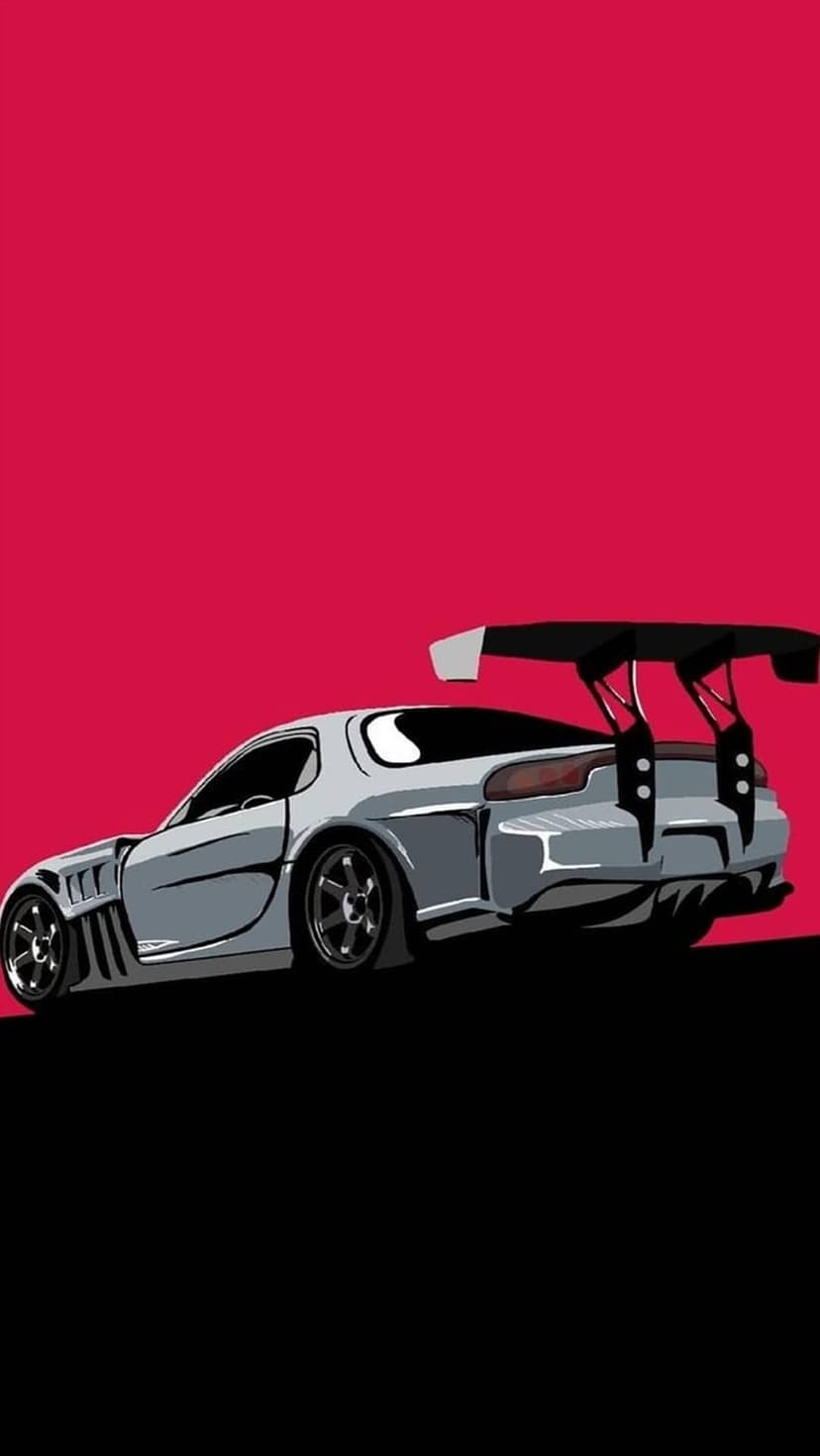 Silver sports car with a large black rear wing positioned against a vibrant magenta and solid black background.