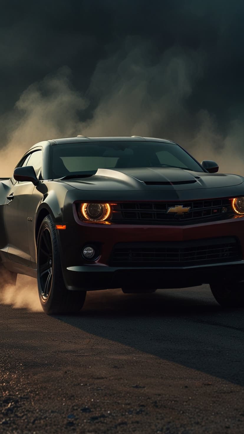 Black Chevrolet Camaro drifting with glowing headlights amid thick clouds of grey smoke and swirling desert dust.