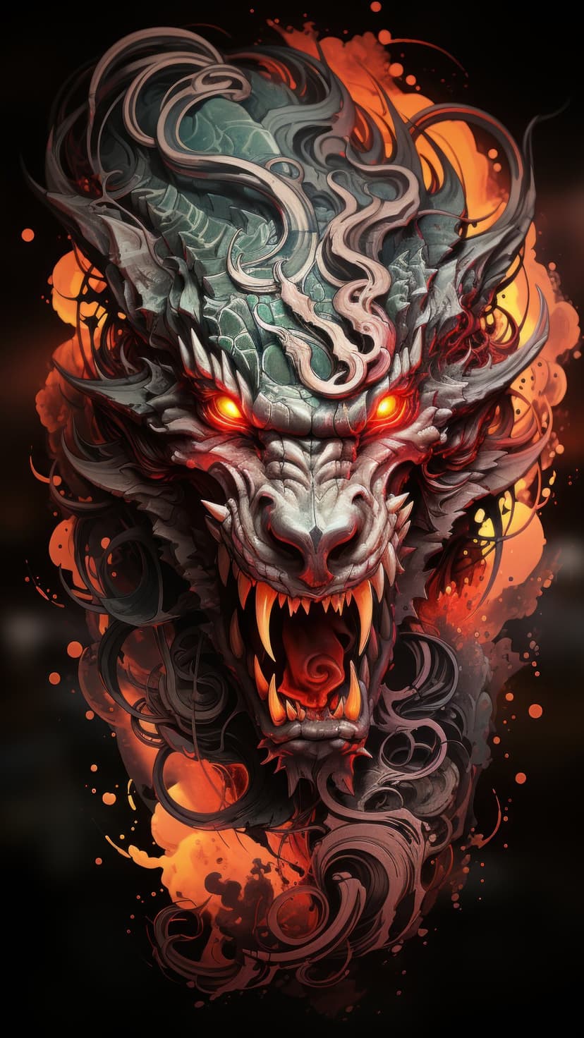 Dragon head with glowing red eyes and sharp fangs surrounded by swirling orange flames and dark smoke clouds.