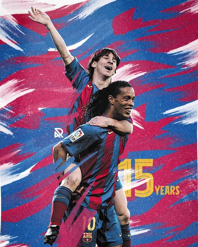 Messi and Ronaldinho celebrate in Barcelona jerseys against a colorful abstract blue and red background.