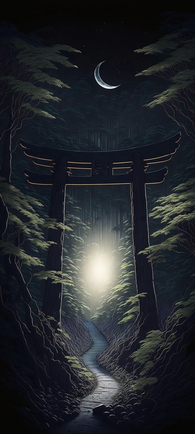 Weathered stone path leading to a grand Shinto Torii gate under a glowing crescent moon in a dark forest.