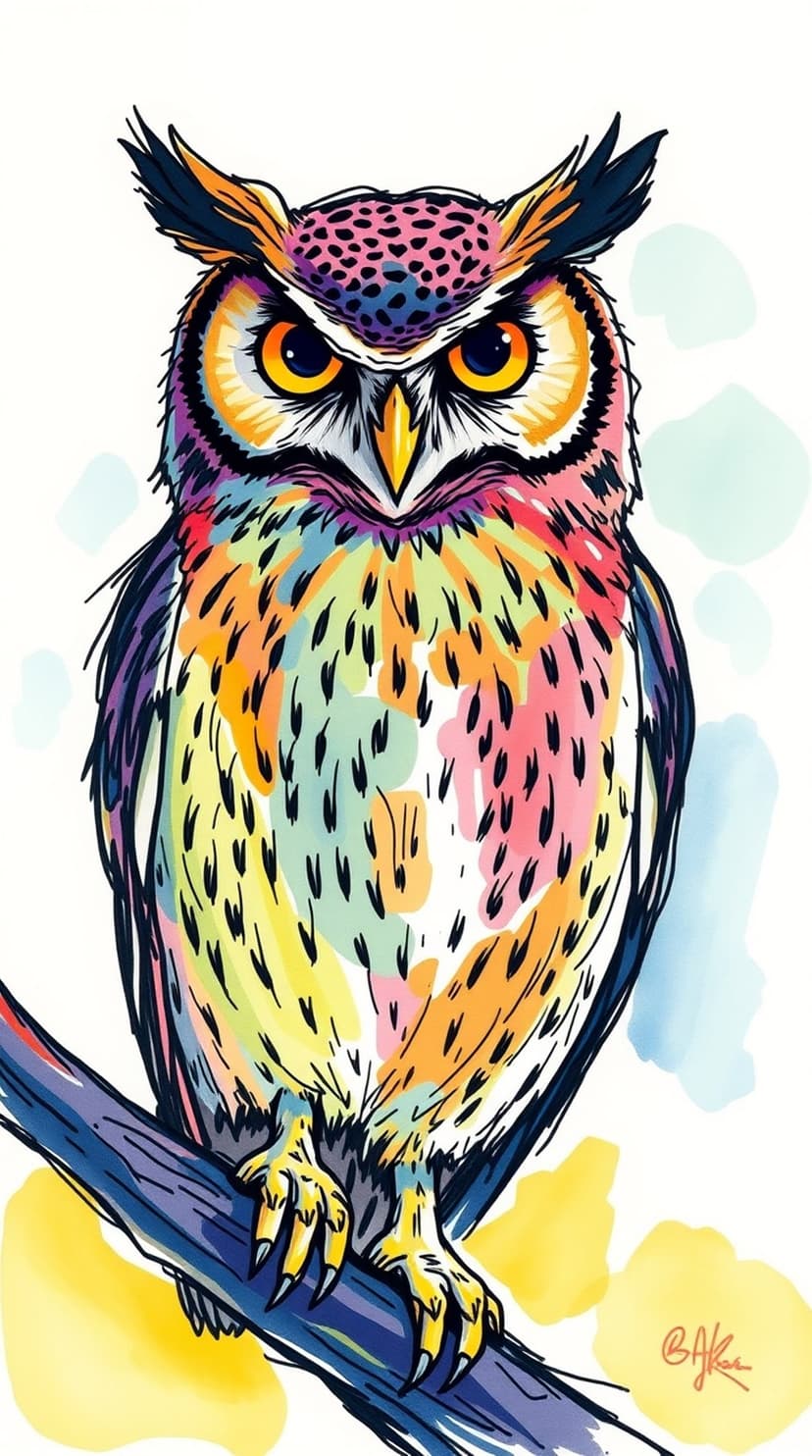 Owl with rainbow feathers and bright yellow eyes sits on a dark branch against a white and multi-colored background.