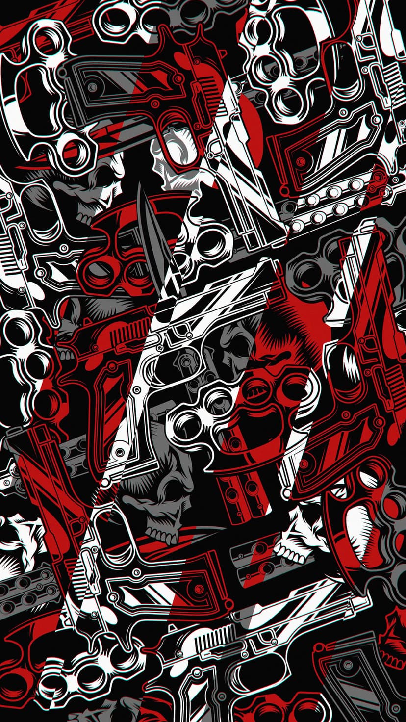 Skulls, handguns, and brass knuckles arranged in a red and black repeating pattern for a mobile screen backdrop.