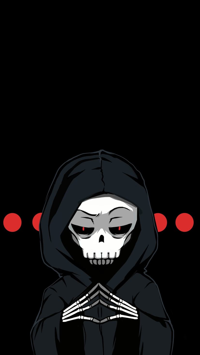 Grim reaper with glowing red eyes and skeletal hands clasped together against a dark background with red bokeh.