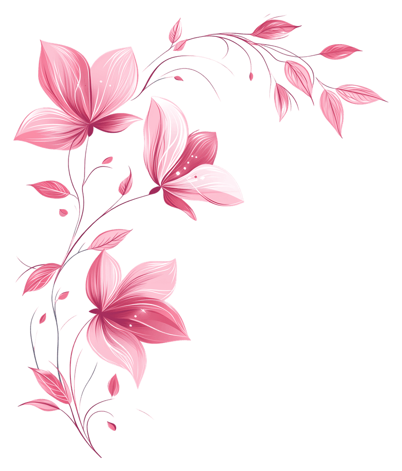 Pink floral ornament watercolor illustration showing detailed petal clusters and green leaves in a corner layout.