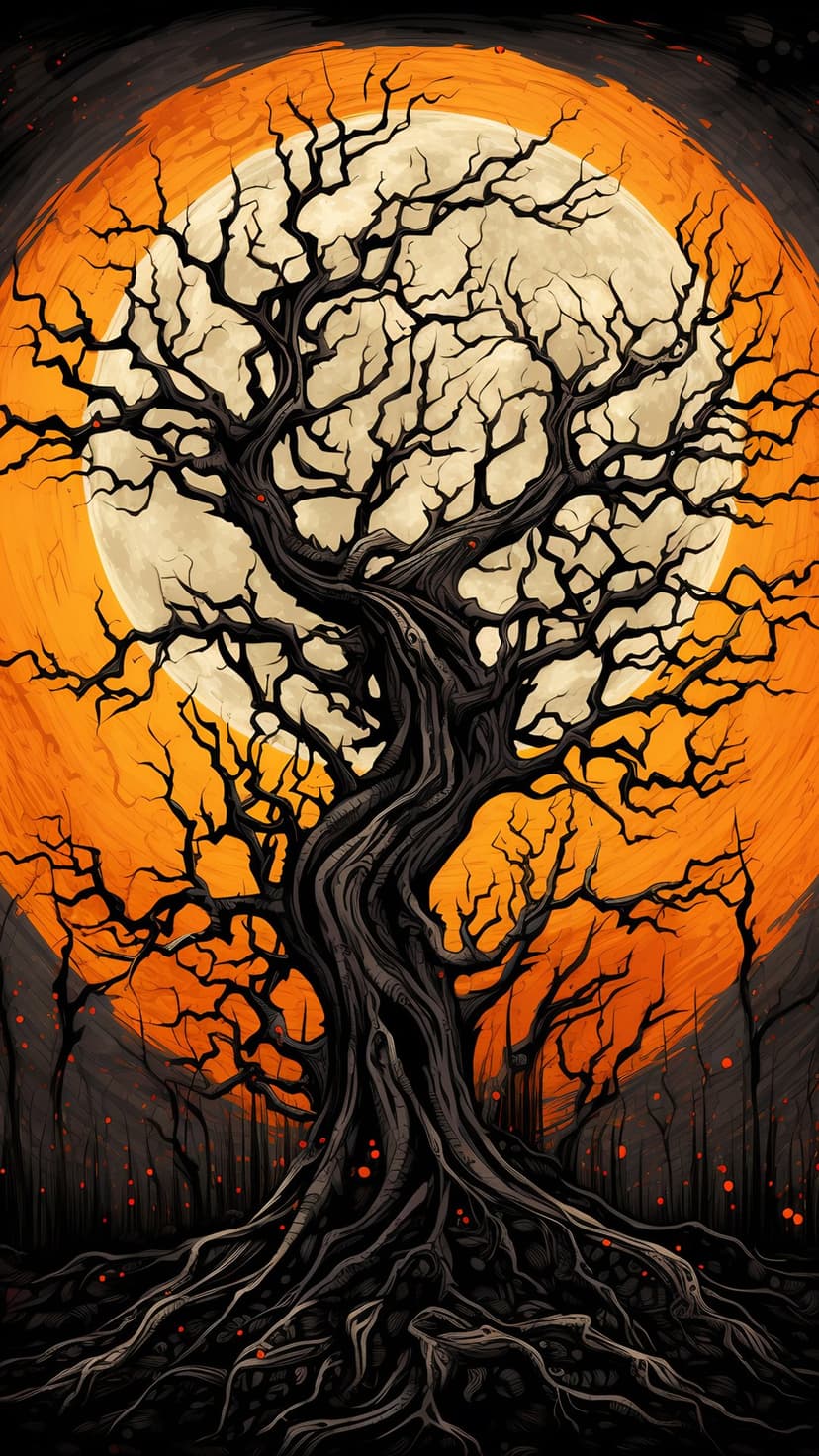 Twisted leafless tree silhouette stands before a large pale moon in a vibrant orange and dark night sky.