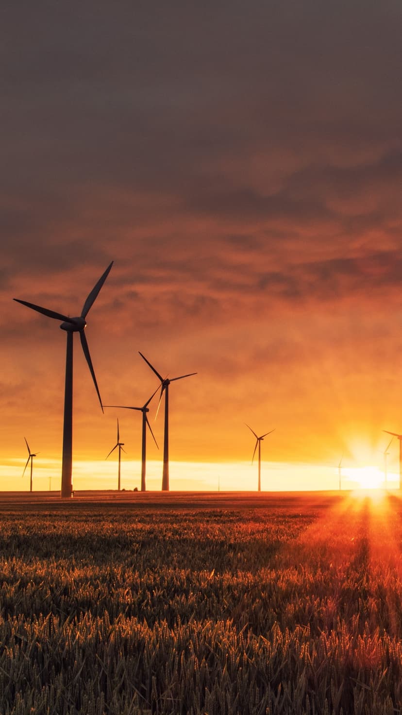 Wind turbines stand silhouetted against a fiery orange and red sunset sky in a vast rural landscape.