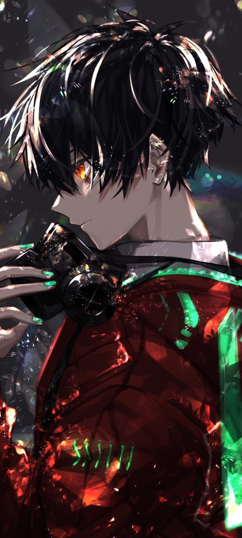 Spiky-haired anime character with luminous orange eyes wears a red and green suit while holding a metallic tool.