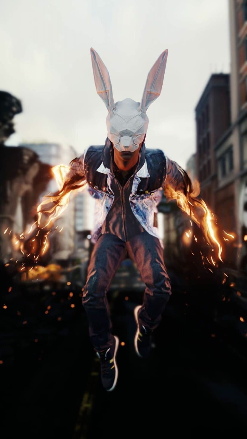 Person wearing a white rabbit mask levitating with glowing orange fire energy arms in a blurred city street.